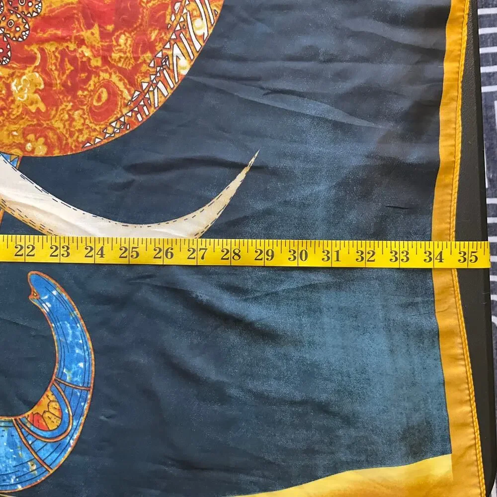 Oversized Elephant Scarf Blue Gold Satin Feel Polyester Wrap Shawl 35x69 Boho